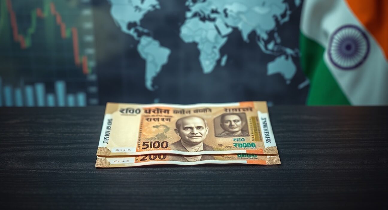 Indian rupee notes on a desk with blurred financial charts and Iranian flag in background