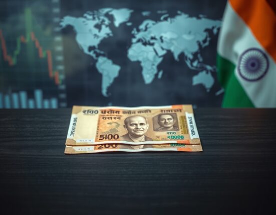 Indian rupee notes on a desk with blurred financial charts and Iranian flag in background