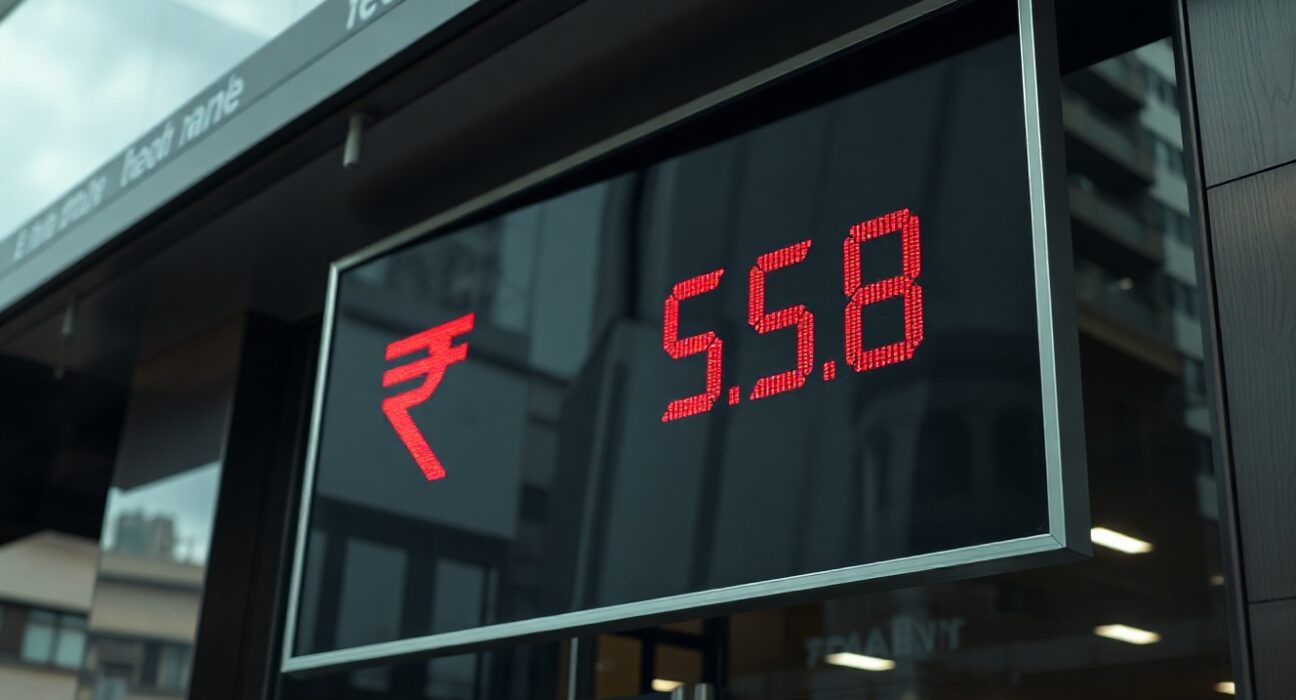Currency exchange board showing Indian rupee rate against US dollar in Mumbai financial district