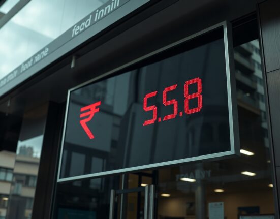 Currency exchange board showing Indian rupee rate against US dollar in Mumbai financial district