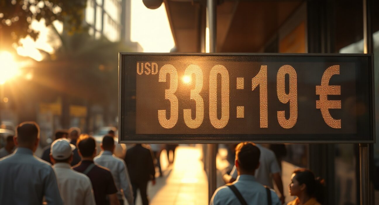 Currency exchange board showing USD/INR rates in Mumbai financial district