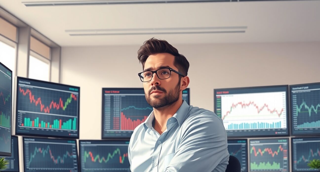 Financial analyst monitoring currency and oil price charts on multiple screens in a modern office