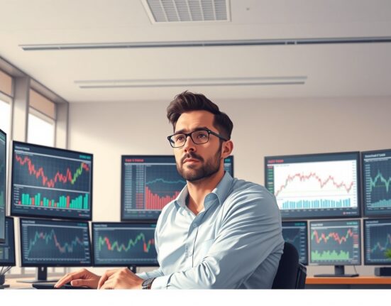Financial analyst monitoring currency and oil price charts on multiple screens in a modern office