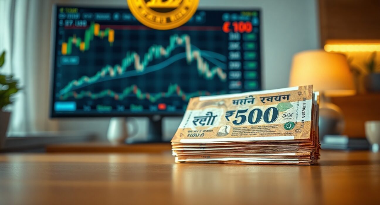 Stack of Indian Rupee banknotes on a wooden table with financial charts in background
