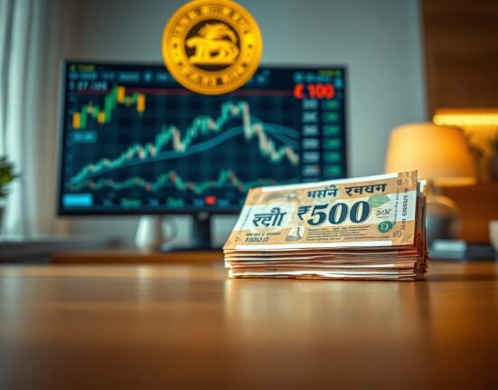 Stack of Indian Rupee banknotes on a wooden table with financial charts in background
