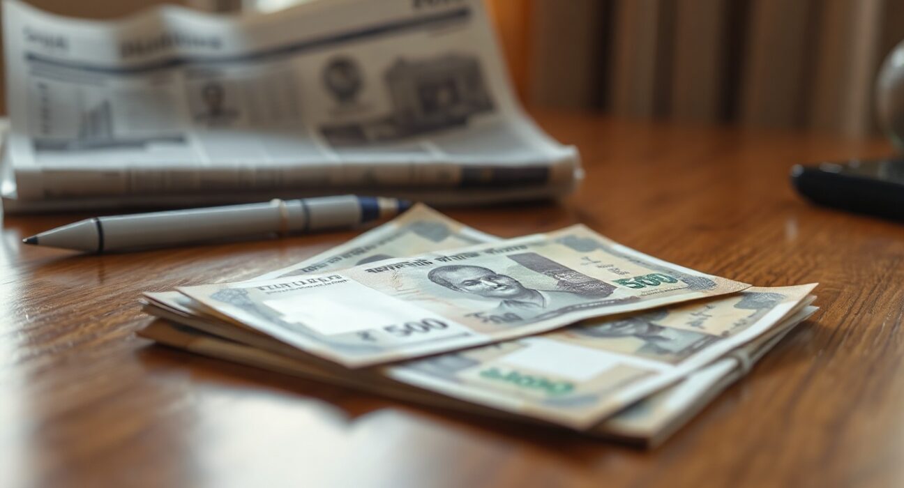 Indian Rupee banknotes on a desk with financial newspaper in background