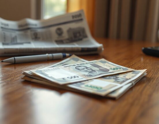 Indian Rupee banknotes on a desk with financial newspaper in background