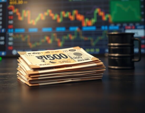 Stack of Indian rupee banknotes near an oil barrel and stock market display, representing currency pressure from crude oil prices.