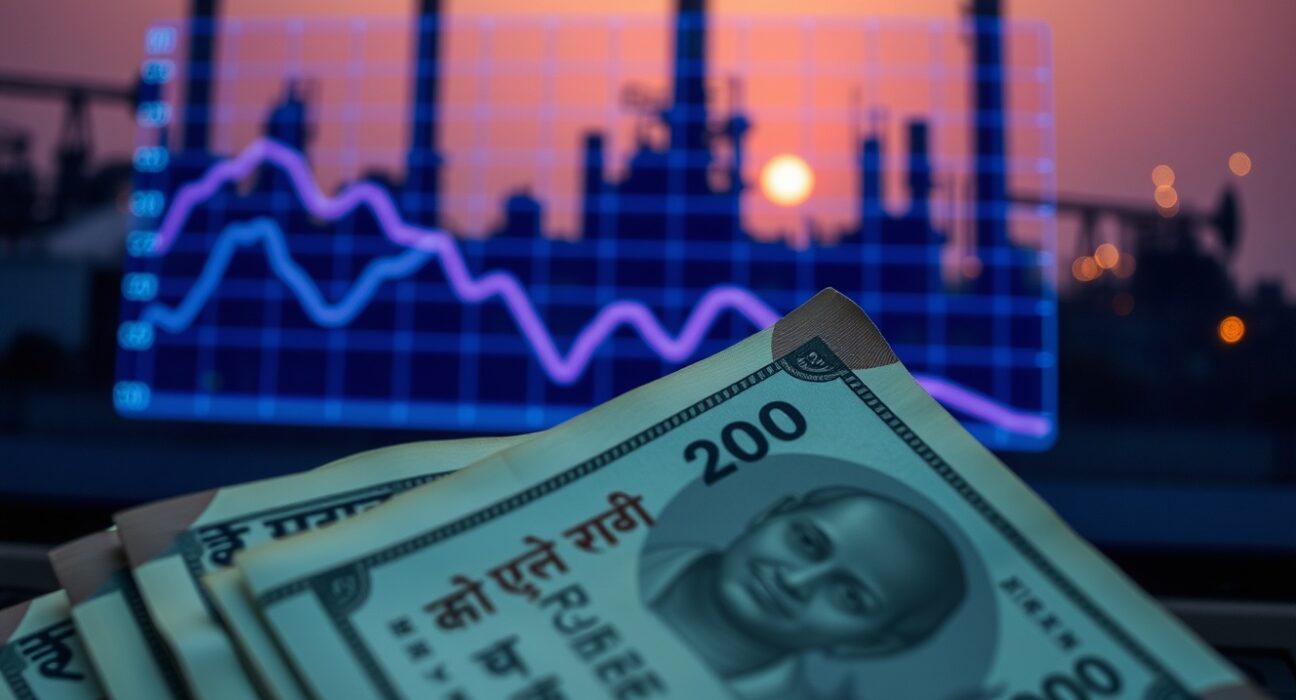 Indian rupee banknotes near a declining chart with oil refinery background