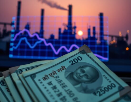 Indian rupee banknotes near a declining chart with oil refinery background
