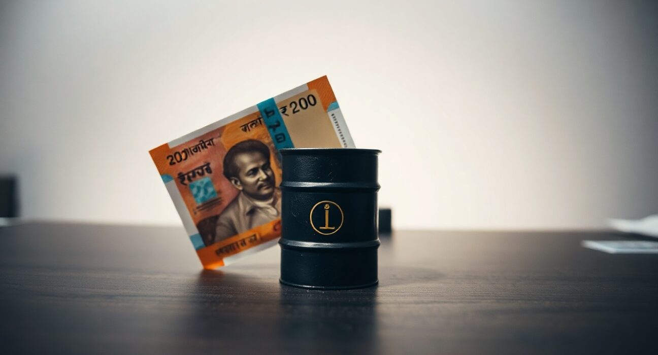 Indian Rupee notes and a small oil barrel on a desk representing currency and oil price dynamics