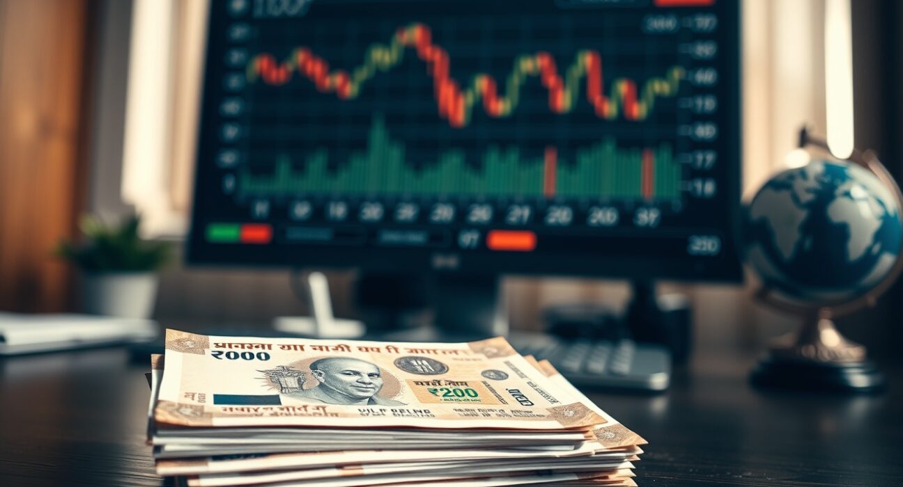 Stack of Indian Rupee banknotes with a blurred background showing an oil price chart and globe.