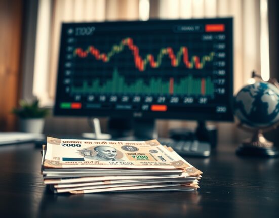 Stack of Indian Rupee banknotes with a blurred background showing an oil price chart and globe.
