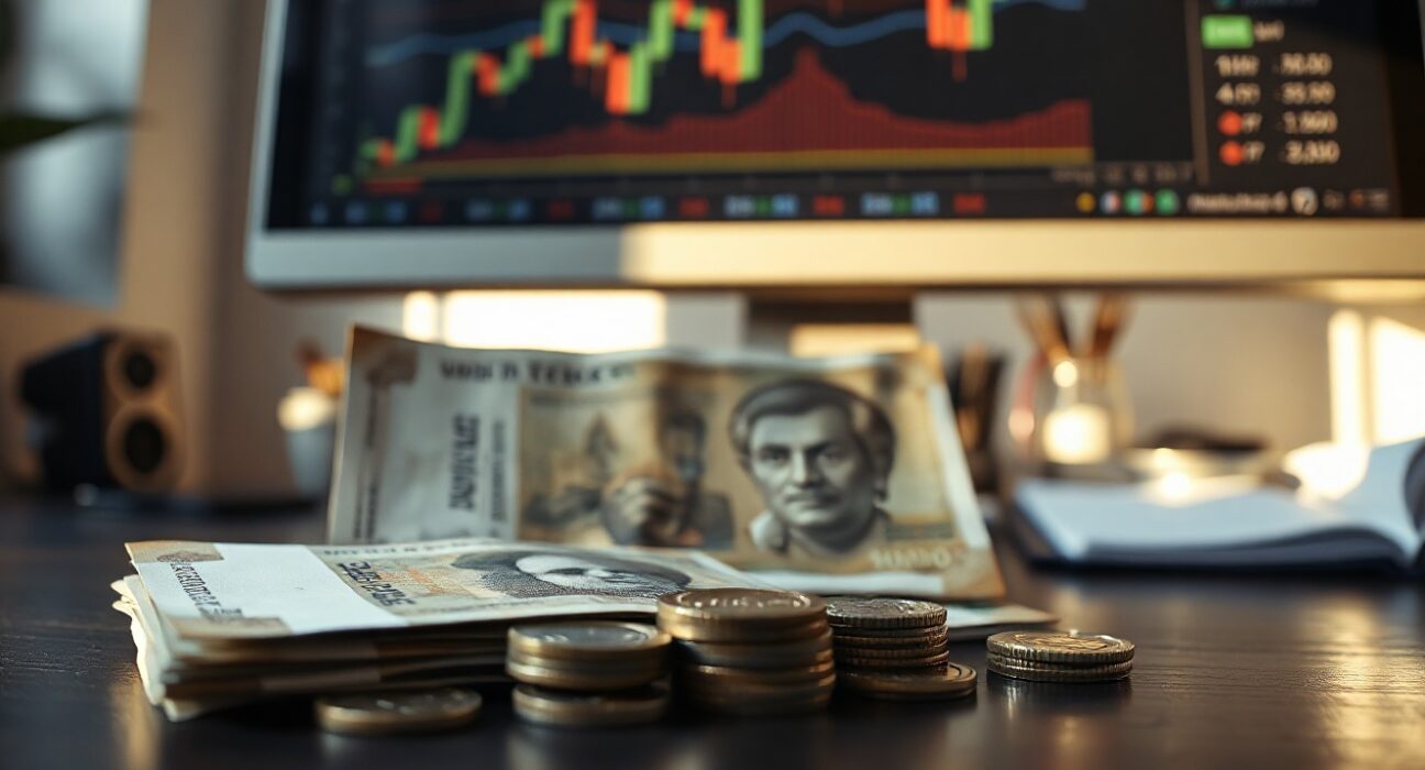 Indian Rupee banknotes and coins with a computer monitor showing a USD/INR chart in the background.