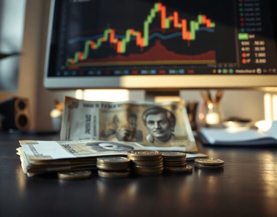Indian Rupee banknotes and coins with a computer monitor showing a USD/INR chart in the background.