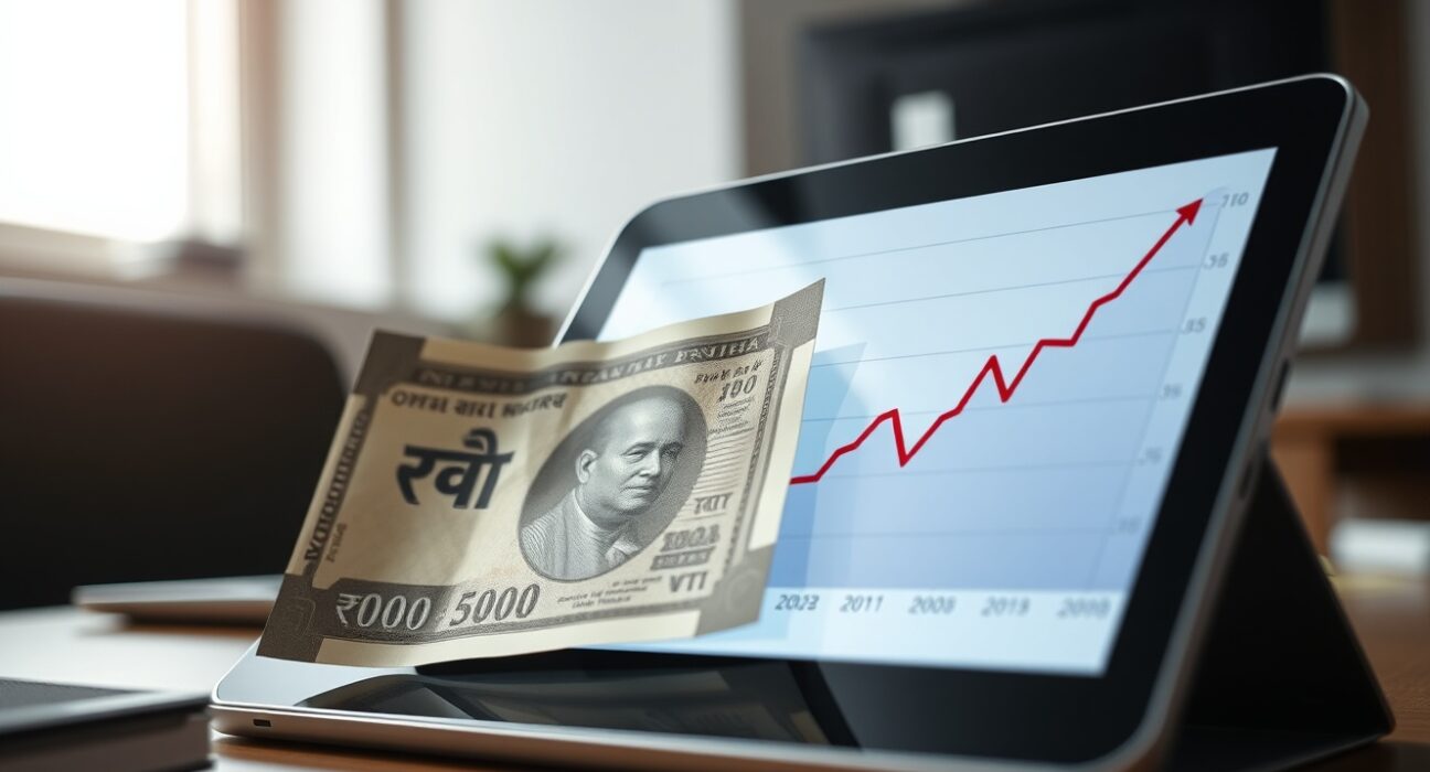 Indian Rupee banknote and oil price chart illustrating the currency's pressure from rising energy costs.