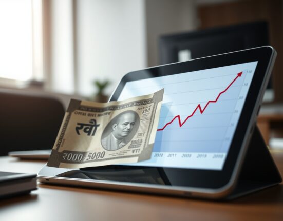 Indian Rupee banknote and oil price chart illustrating the currency's pressure from rising energy costs.