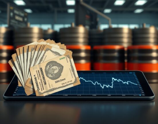 Indian Rupee banknotes on a financial chart analyzing the impact of declining oil prices.