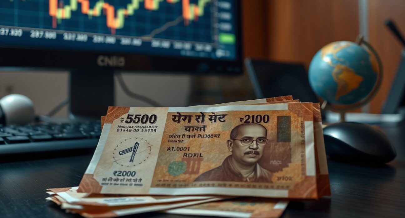Indian Rupee banknotes with a downward oil price chart in the background representing currency and oil market news
