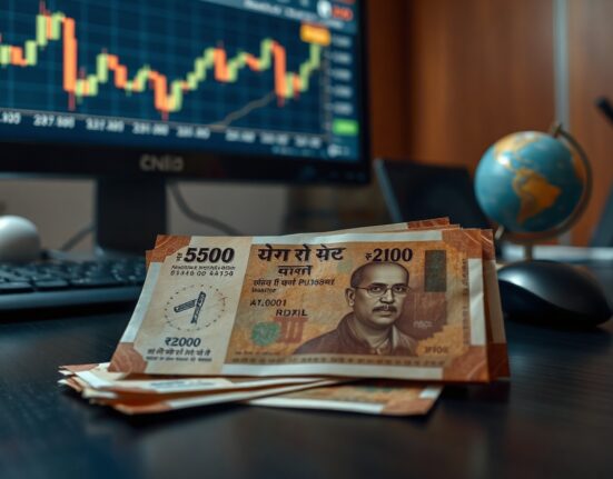 Indian Rupee banknotes with a downward oil price chart in the background representing currency and oil market news