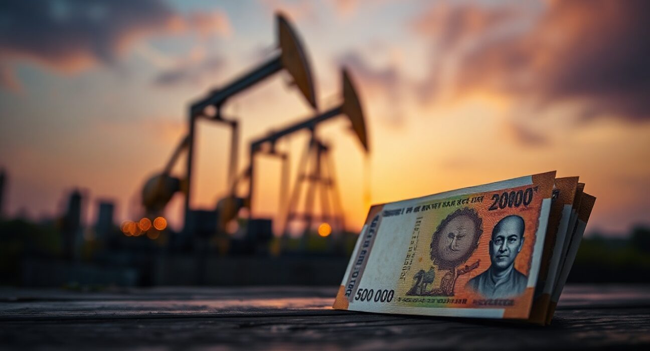 Indian Rupee banknotes with blurred oil refinery background symbolizing economic impact of oil price surge