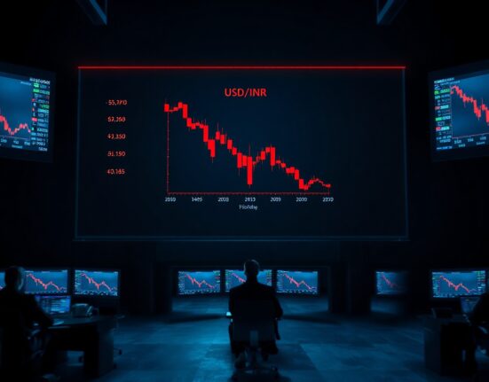 Trading screens showing falling Indian Rupee exchange rate against US dollar on a Mumbai forex floor