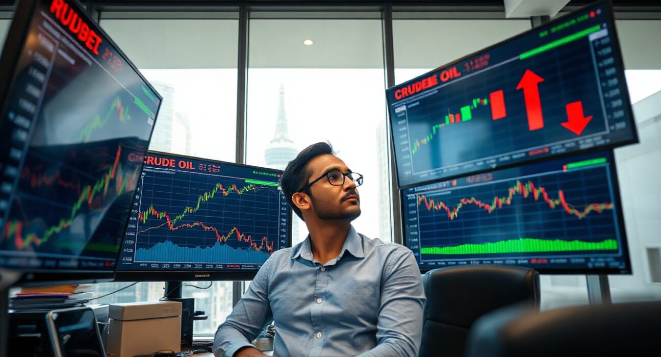 Indian currency trader monitoring forex and crude oil charts after rupee rally and oil price crash