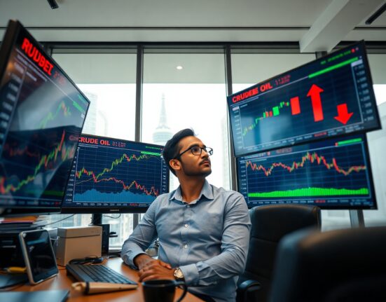Indian currency trader monitoring forex and crude oil charts after rupee rally and oil price crash