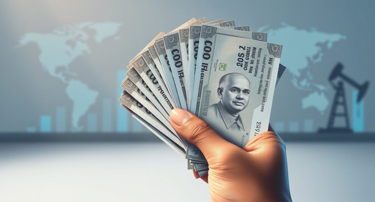 Indian Rupee banknotes analyzed against backdrop of oil and capital flow pressures.