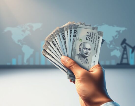 Indian Rupee banknotes analyzed against backdrop of oil and capital flow pressures.