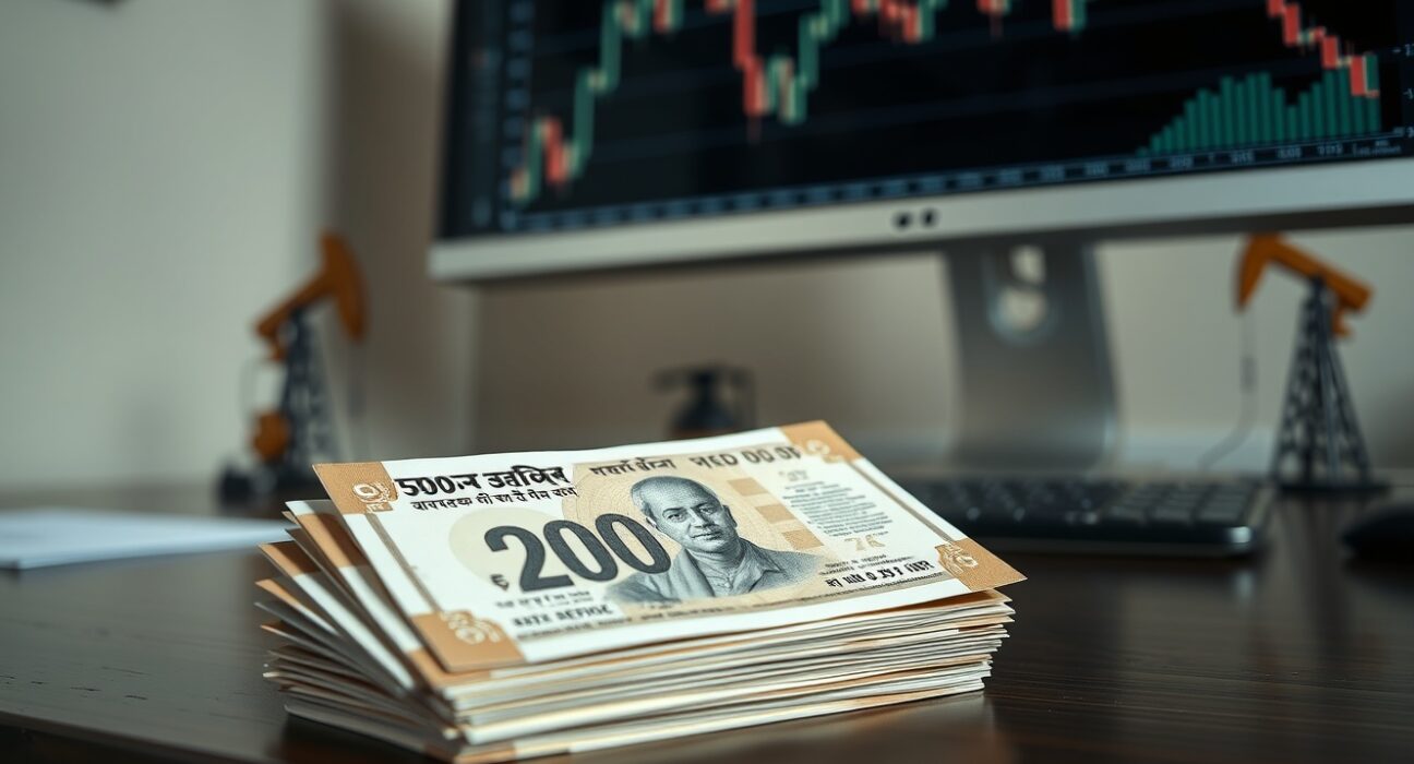Stack of Indian rupee banknotes with a financial chart and oil derrick in background