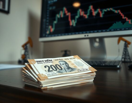 Stack of Indian rupee banknotes with a financial chart and oil derrick in background