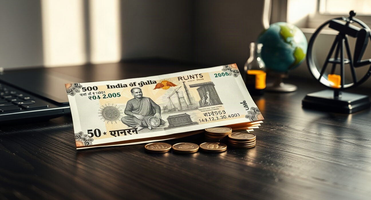 Indian rupee notes and coins with a small oil vial, symbolizing the currency's reaction to crude prices