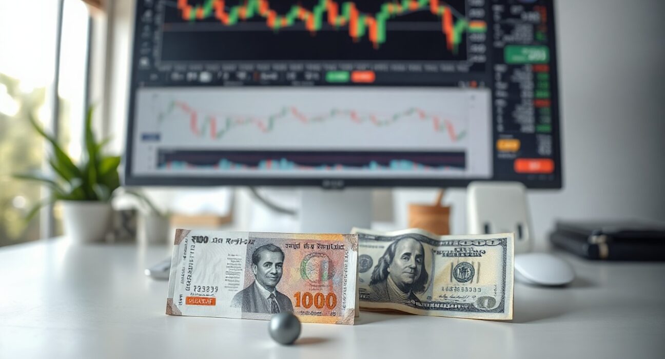 Indian Rupee and US Dollar banknotes on a desk with a stock chart in the background