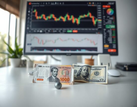 Indian Rupee and US Dollar banknotes on a desk with a stock chart in the background