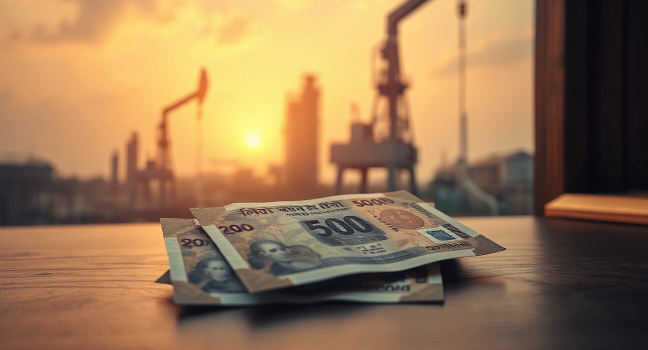 Indian rupee notes on desk with blurred oil refinery background symbolizing economic impact of rising oil prices