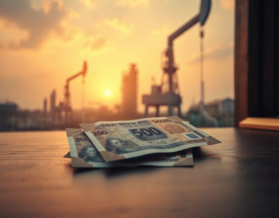 Indian rupee notes on desk with blurred oil refinery background symbolizing economic impact of rising oil prices