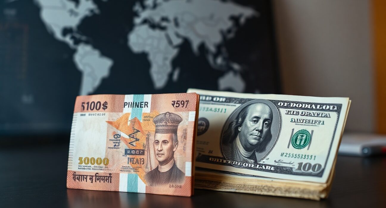 Indian Rupee and US Dollar banknotes side by side on a desk, symbolizing currency market movements.