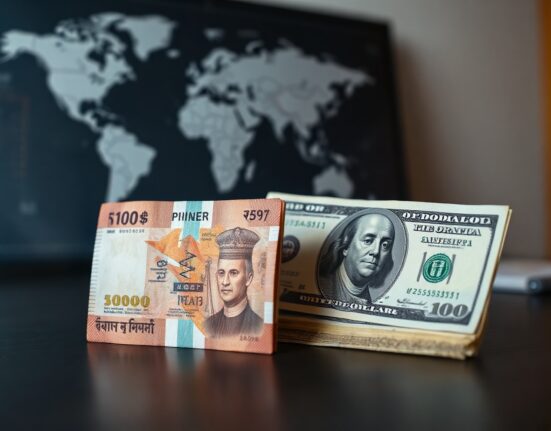 Indian Rupee and US Dollar banknotes side by side on a desk, symbolizing currency market movements.
