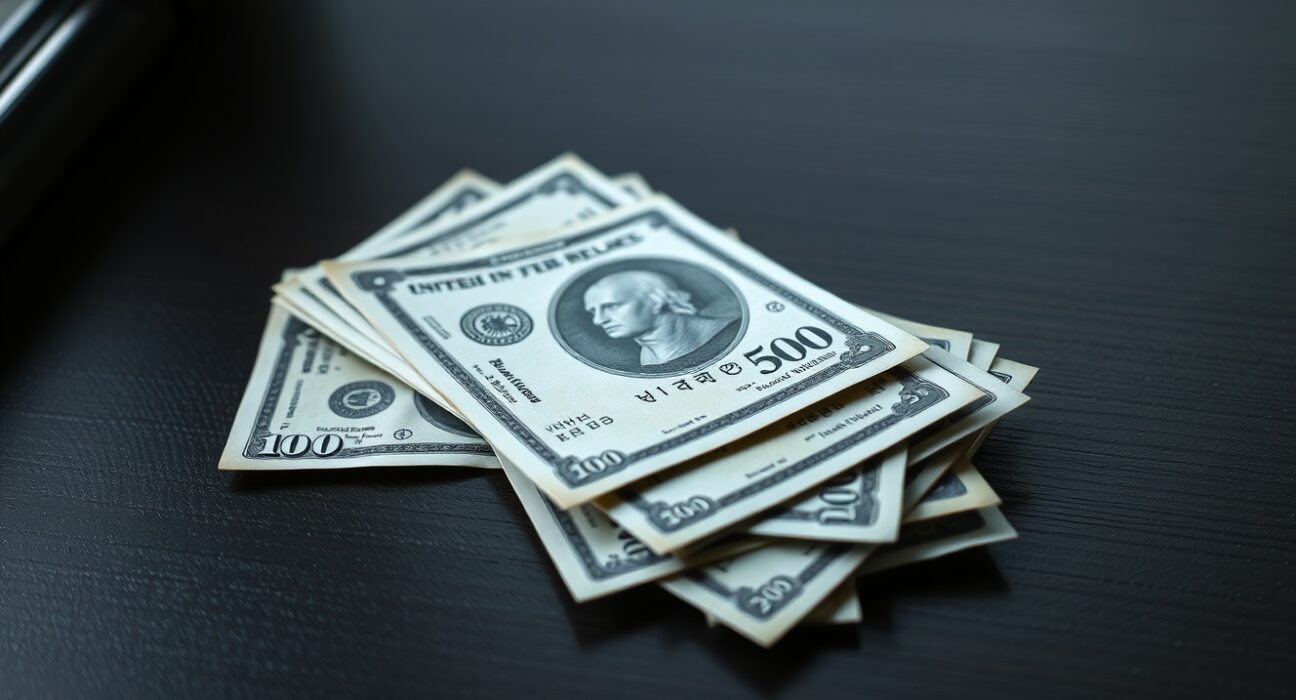 Indian rupee banknotes and US dollar bill on a desk, representing currency exchange and forex market analysis.