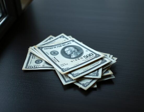 Indian rupee banknotes and US dollar bill on a desk, representing currency exchange and forex market analysis.