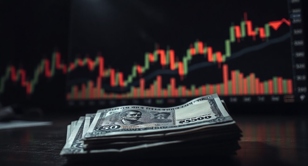 Indian Rupee banknotes with blurred background of falling stock charts representing currency decline due to geopolitical and monetary policy pressures.