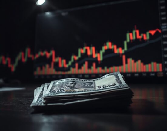 Indian Rupee banknotes with blurred background of falling stock charts representing currency decline due to geopolitical and monetary policy pressures.
