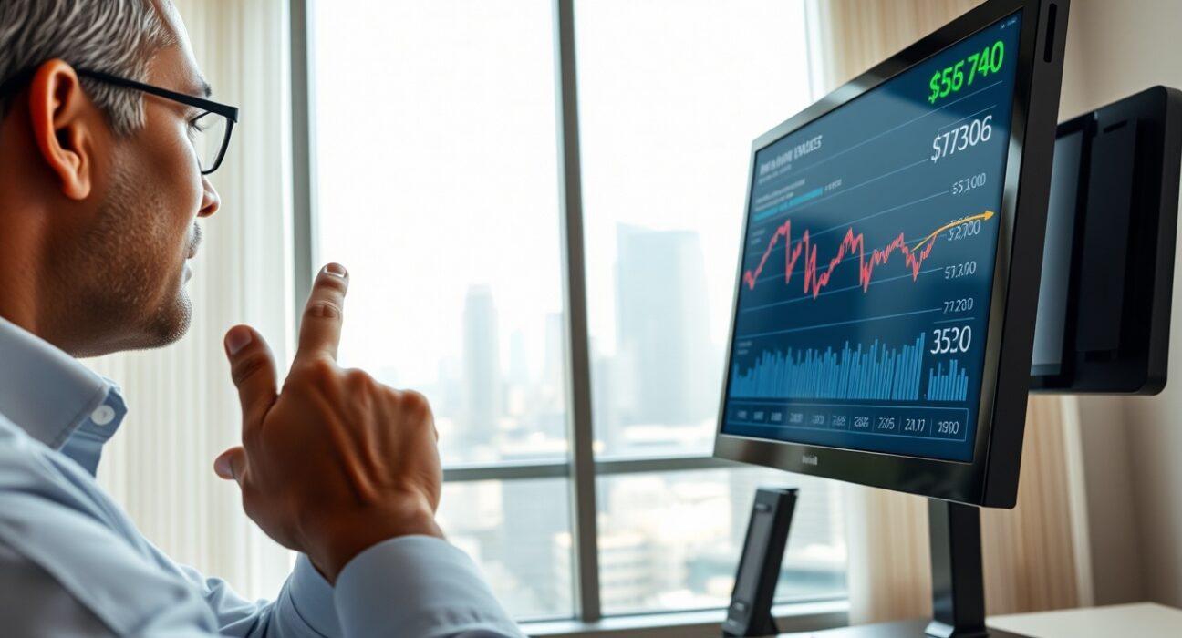Financial analyst examining currency charts showing Indian Rupee trends in a modern office