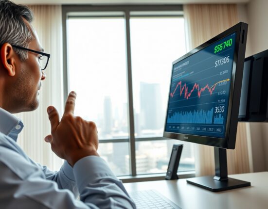 Financial analyst examining currency charts showing Indian Rupee trends in a modern office