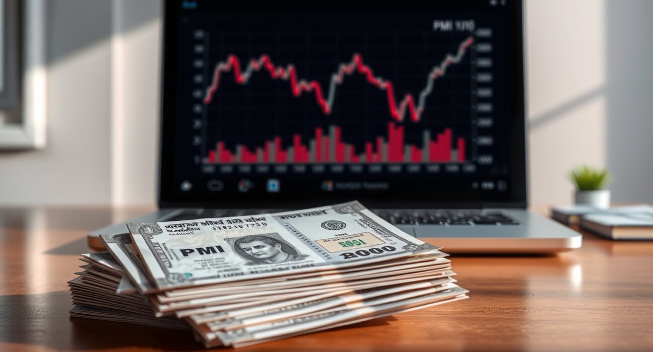 Indian Rupee banknotes stacked on desk with financial chart showing PMI and currency trends on laptop screen