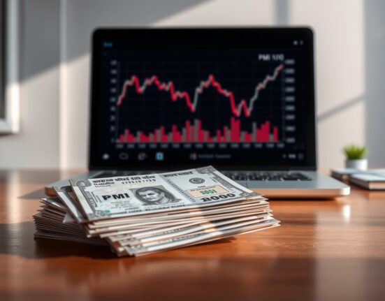 Indian Rupee banknotes stacked on desk with financial chart showing PMI and currency trends on laptop screen