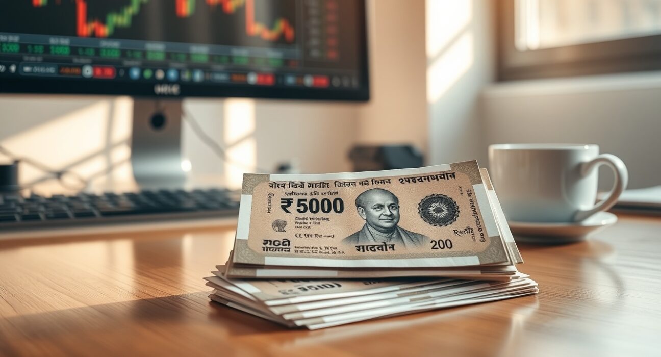 Stack of Indian Rupee banknotes on a desk with financial charts in background