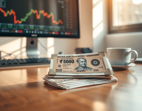 Stack of Indian Rupee banknotes on a desk with financial charts in background