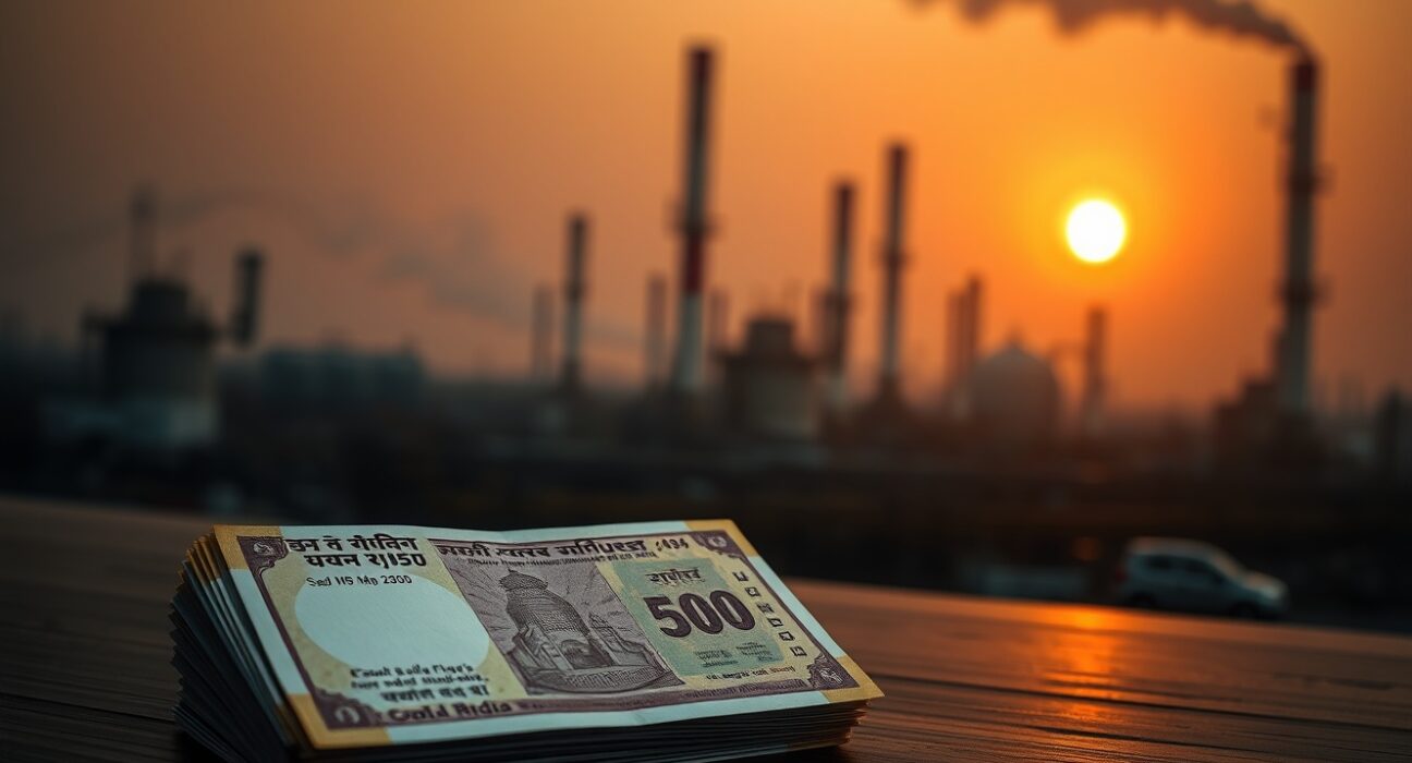 Stack of Indian rupee banknotes with oil refinery in background representing currency pressure from oil prices